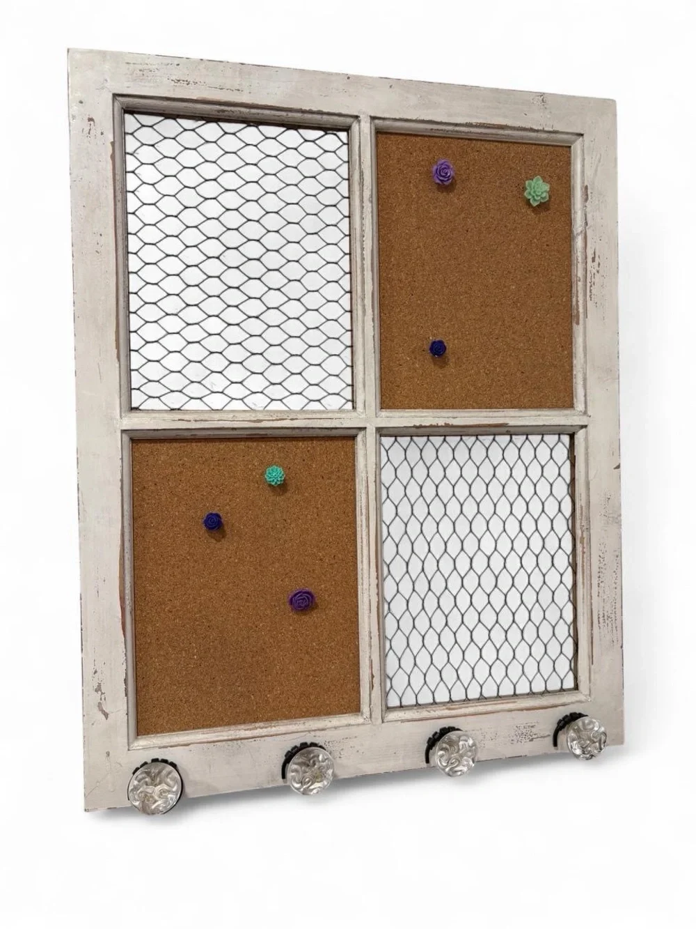 Rustic Multi-Section Cork & Wire Memo Board with Hooks - White
